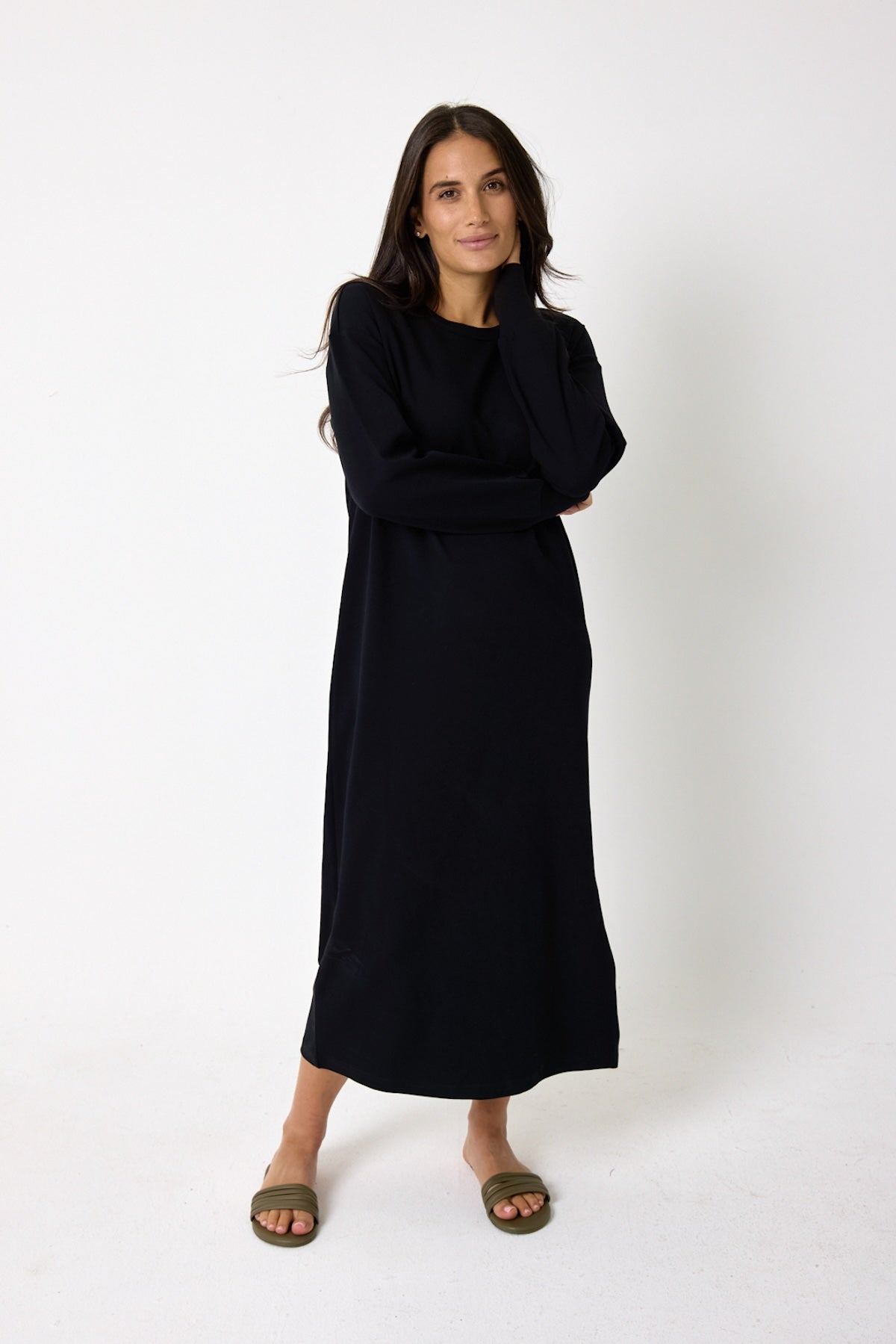 The Ribbed Midi Long Sleeve Dress Black XS