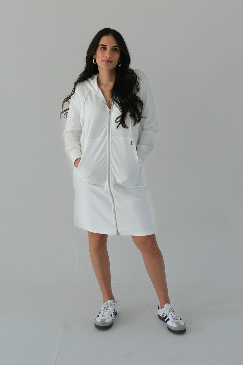 white hooded dress SUPER OS BF NK SHIRT FLARED GOWN Snow Norma Kamali Womens MARCELLA Tompkins Sweatshirt Dress Double Zip Hoodie Dress White