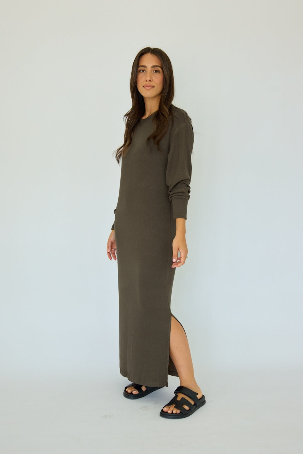 The Ribbed Midi Long Sleeve Dress Olive Olive Tuesday