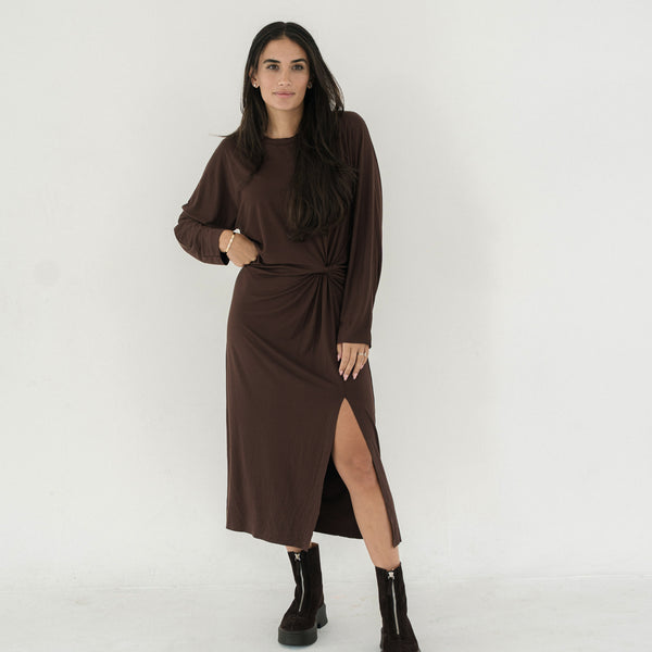 The Long Sleeve Midi Knot Dress Espresso M