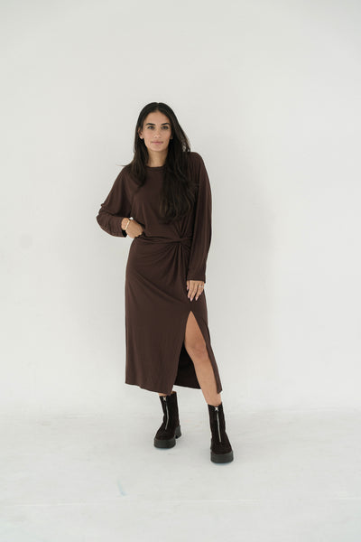 espresso dress midi The Long Sleeve Midi Knot Dress Espresso M