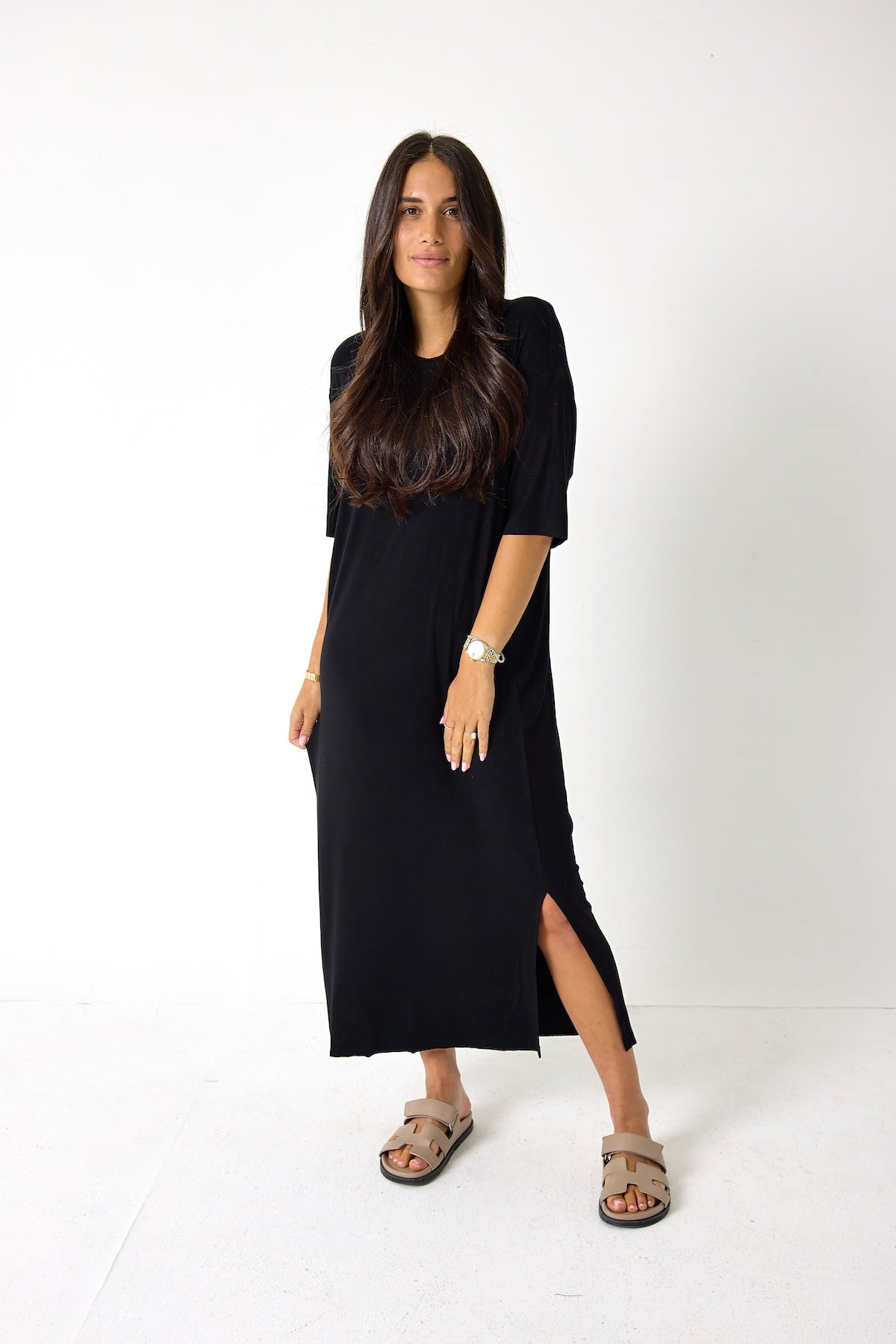fitted lace wedding dress The Ribbed Midi T-Shirt Dress Black M