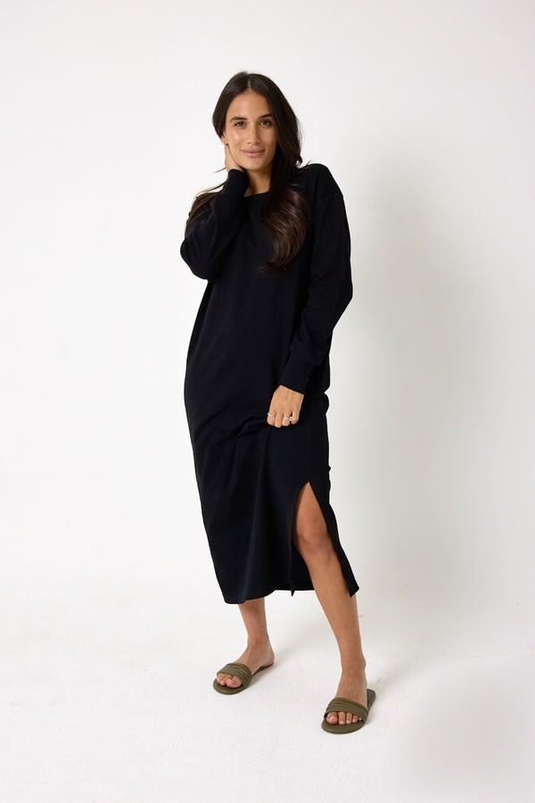 The Ribbed Midi Long Sleeve Dress Black