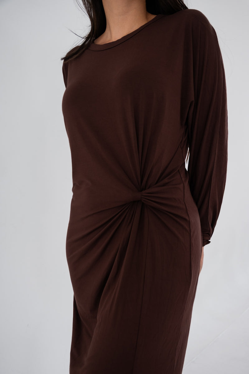 The Long Sleeve Midi Knot Dress Espresso