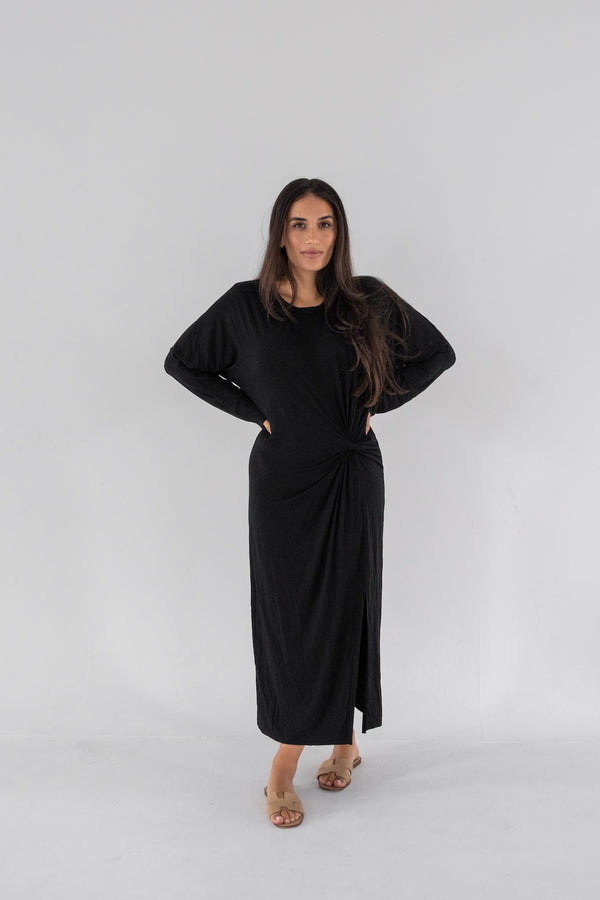 The Long Sleeve Midi Knot Dress Black