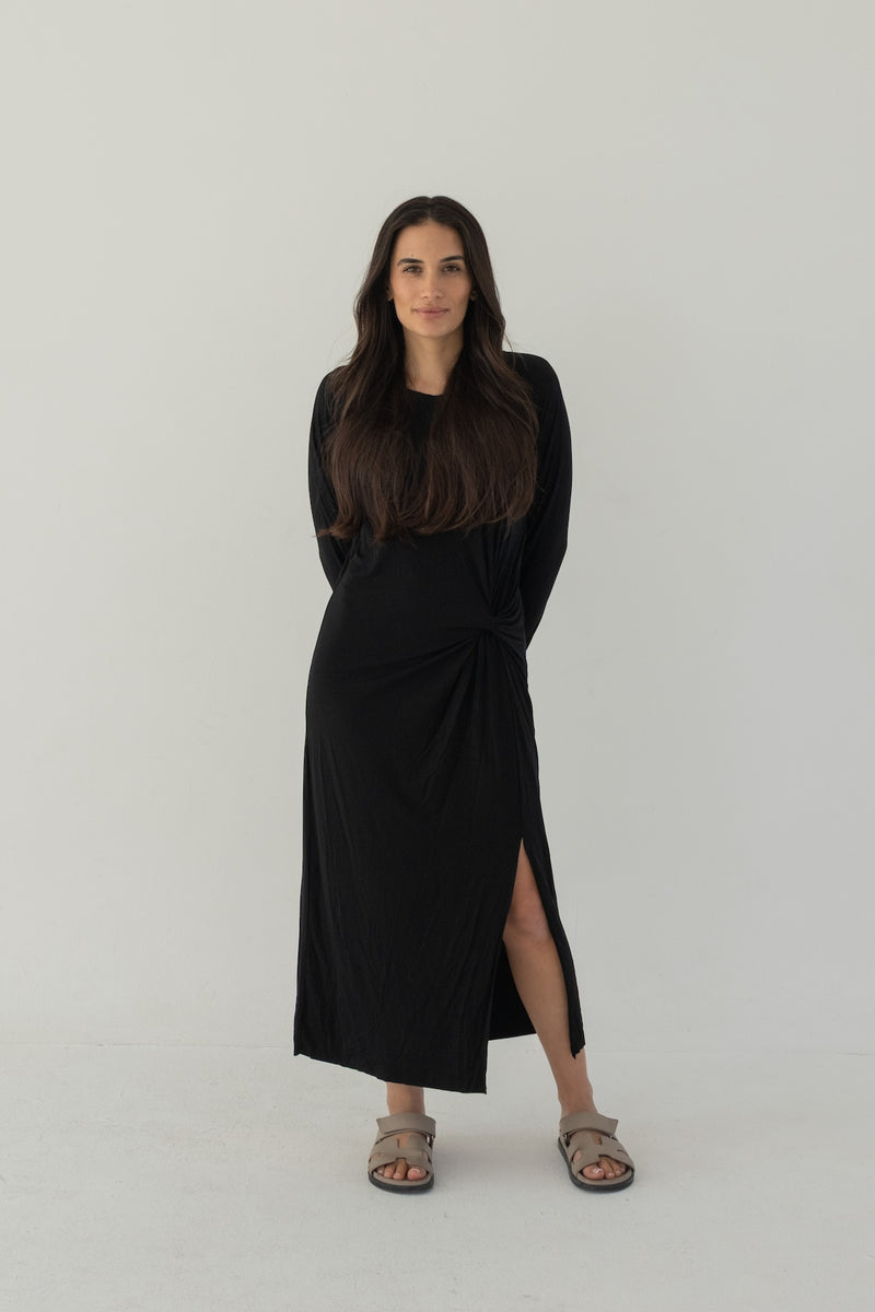woman in a long black dress The Sleeve Midi Knot L Color:HIBISCUS GARDEN Men's Brown Slip-On Dress modest but still sexy ZML663