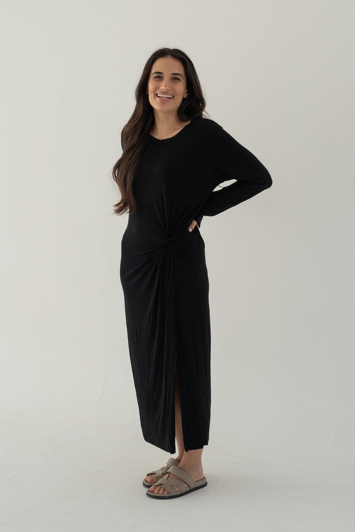 The Long Sleeve Midi Knot Dress Black L The Long Sleeve Midi Knot Dress Black L