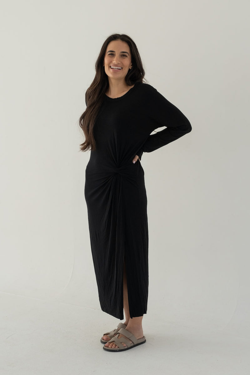 midi knot dress The Long Sleeve Midi Knot Dress Black L