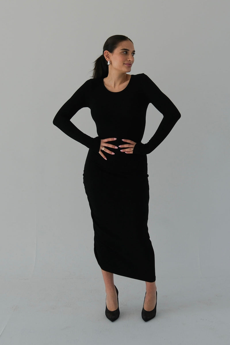 The Ribbed Long Sleeve Ruched Dress